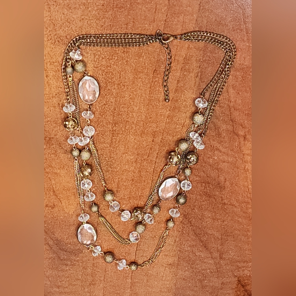 Vintage Bronze Toned 3 Tiered Necklace With Clear Beads And Metal Accents